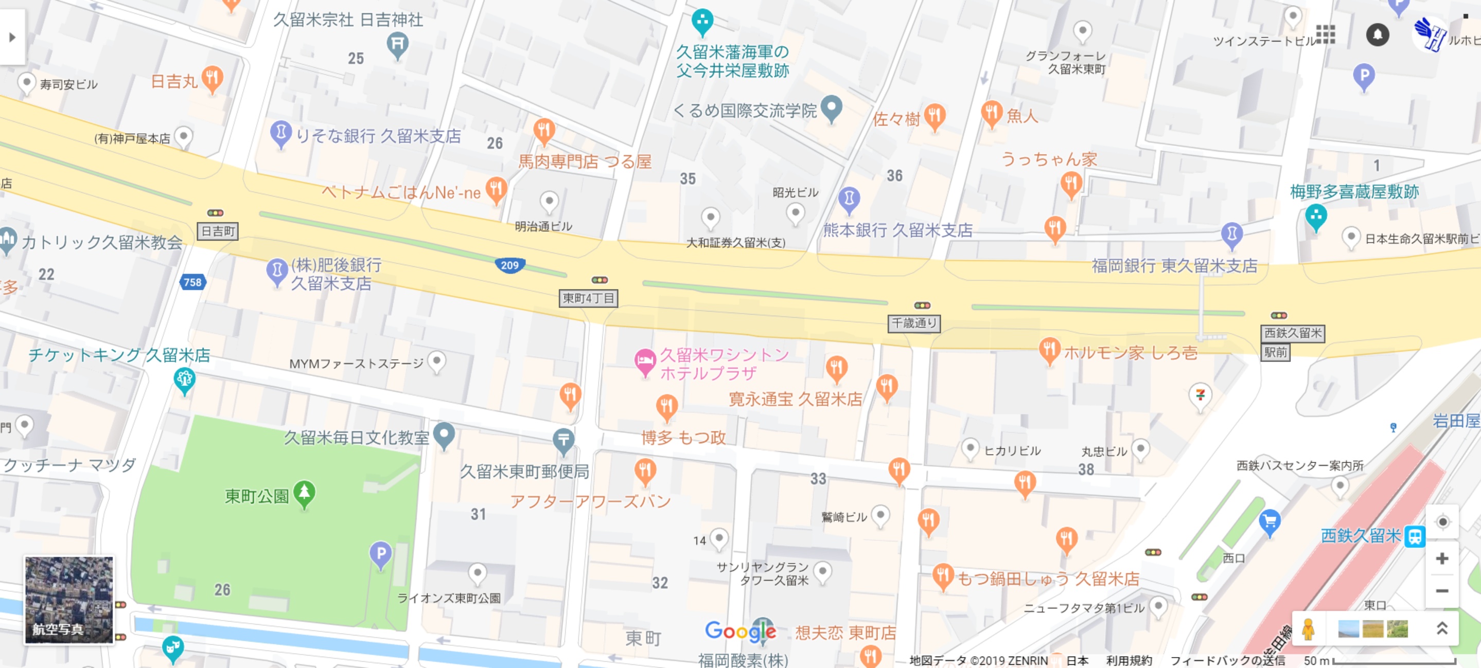 日本語表記の久留米市街地地図